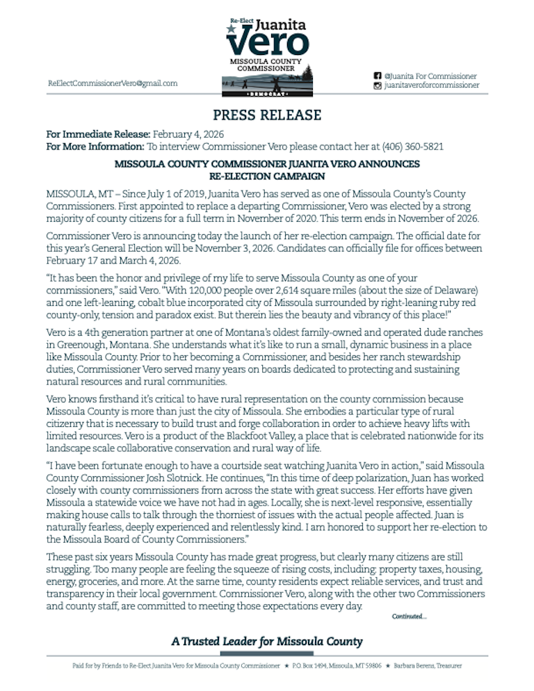Juanita Vero Re Election Campaign Missoula County Commissioner Press Release February 4, 2026